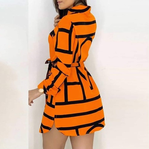 Trendy Striped Printed Full Sleeves Mini Skirt Casual Dress - Orange image