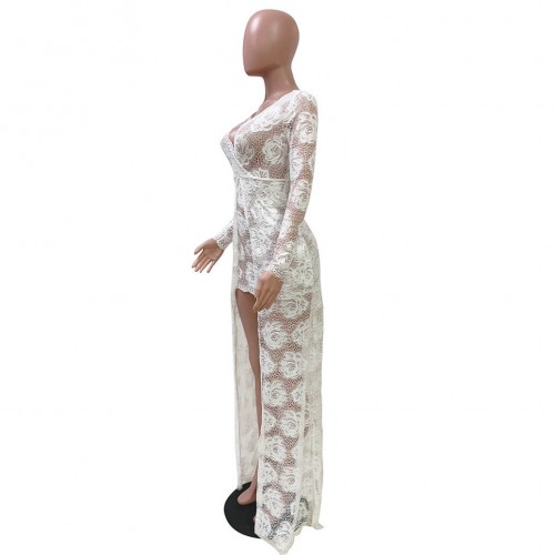 Hot Lace Hollow Floral Designed Long Party Dress - White image