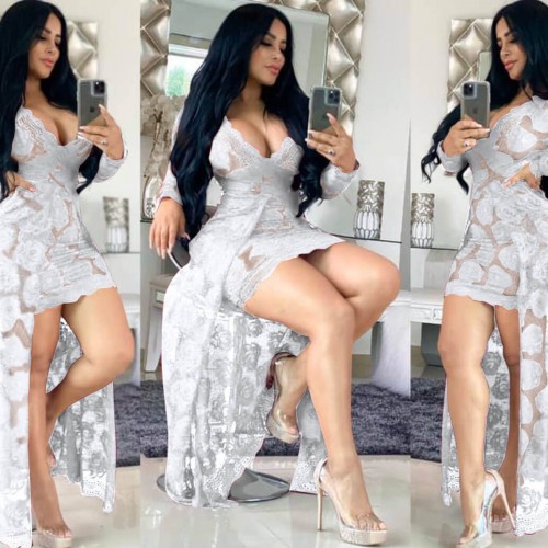 Hot Lace Hollow Floral Designed Long Party Dress - White image