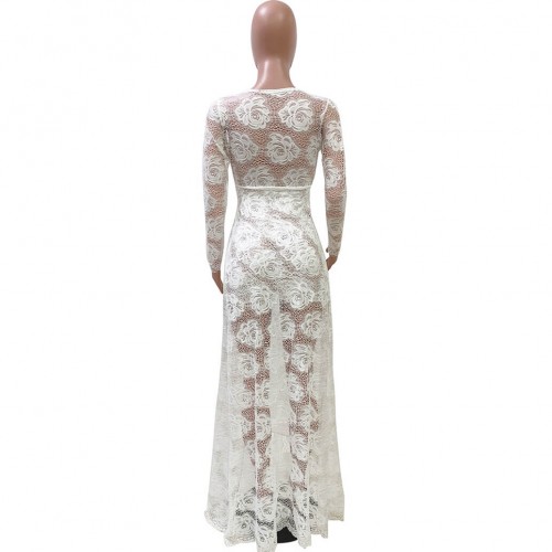 Hot Lace Hollow Floral Designed Long Party Dress - White image