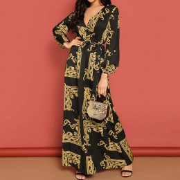 Stylish Retro Printed V-Neck Long Maxi Dress - Black
