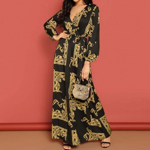 Stylish Retro Printed V-Neck Long Maxi Dress - Black