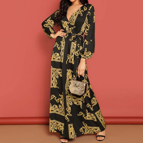 Stylish Retro Printed V-Neck Long Maxi Dress - Black image