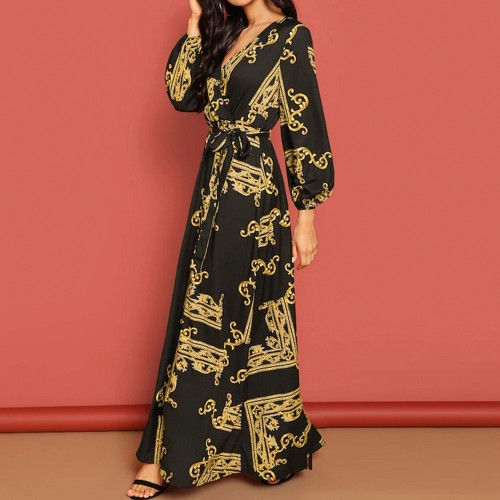 Stylish Retro Printed V-Neck Long Maxi Dress - Black image