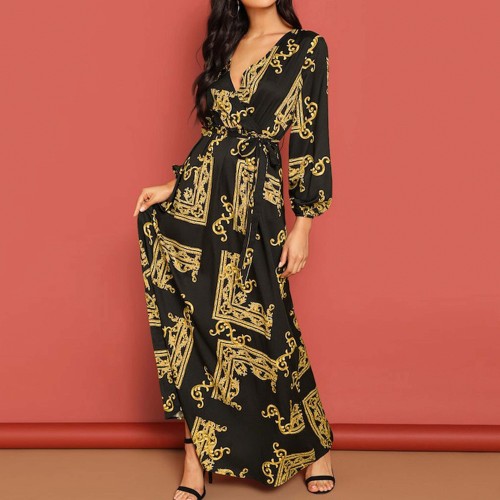 Stylish Retro Printed V-Neck Long Maxi Dress - Black image