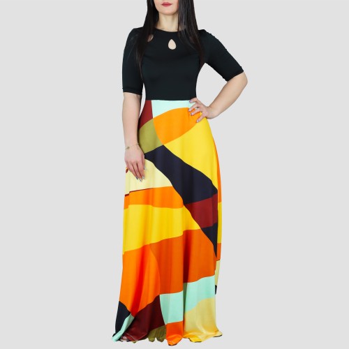 Irregular Printed Contrast Round Neck Maxi Casual Dress - Black image