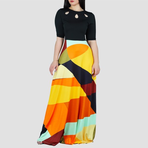 Irregular Printed Contrast Round Neck Maxi Casual Dress - Black image