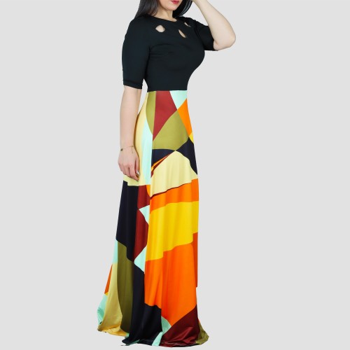 Irregular Printed Contrast Round Neck Maxi Casual Dress - Black image