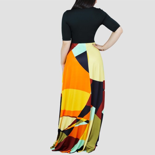 Irregular Printed Contrast Round Neck Maxi Casual Dress - Black image