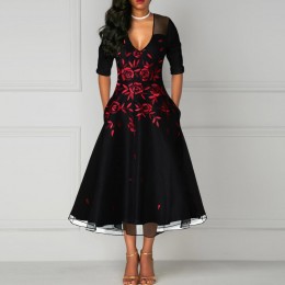 Hot V Neck Mesh Panel Embroidery Midi Skirt Dress - Black