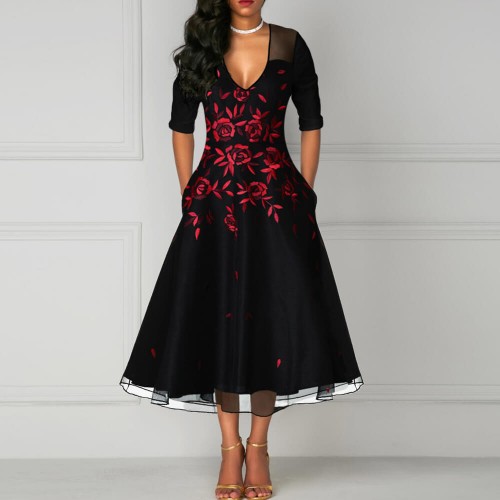 Hot V Neck Mesh Panel Embroidery Midi Skirt Dress - Black image