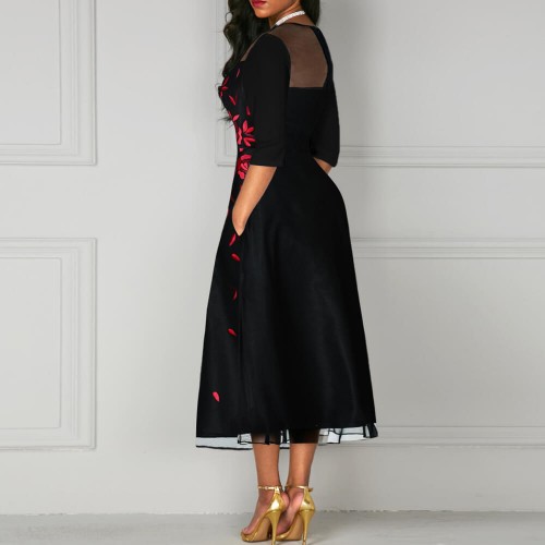 Hot V Neck Mesh Panel Embroidery Midi Skirt Dress - Black image