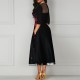 Hot V Neck Mesh Panel Embroidery Midi Skirt Dress - Black image