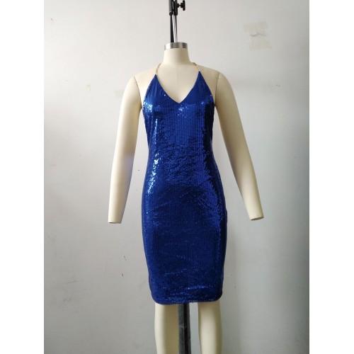 Trending Hot V Neck Slim Fitted Sequined Party Dress - Blue image