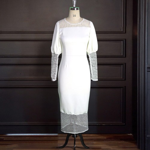 Hot Hollow Round Neck Lantern Sleeves Party Dress - White image