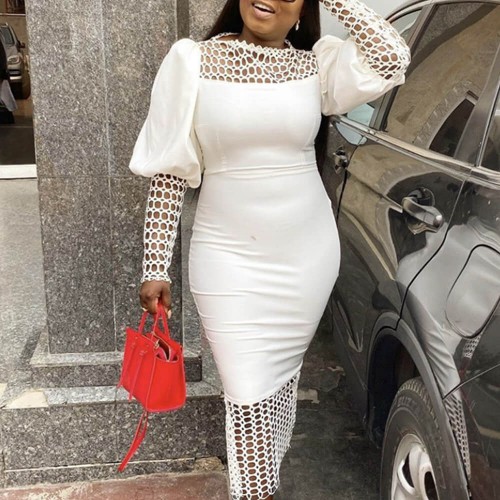 Hot Hollow Round Neck Lantern Sleeves Party Dress - White image