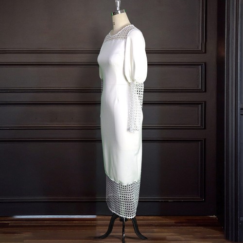 Hot Hollow Round Neck Lantern Sleeves Party Dress - White image