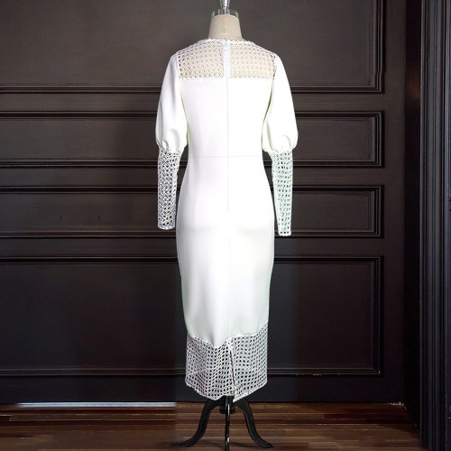 Hot Hollow Round Neck Lantern Sleeves Party Dress - White image