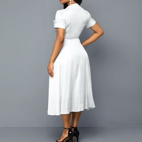 Elegant Polka Dot Stitched A-line Midi Skirt Fashion Dress - White | image