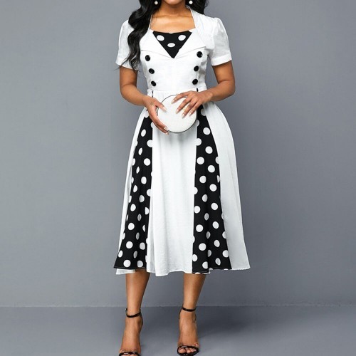 Elegant Polka Dot Stitched A-line Midi Skirt Fashion Dress - White | image