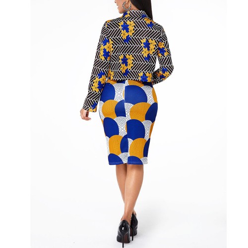 Modish Floral Print Full-sleeve Two Piece Formal Dress - Blue image