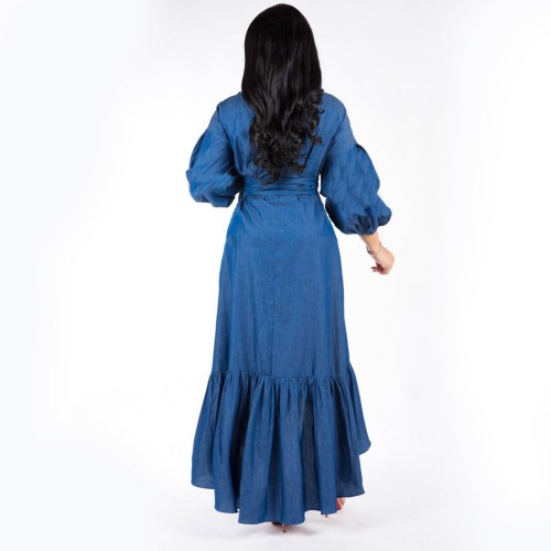Hot Denim V-neck Lantern Sleeves Ruffled Maxi Dress - Blue image