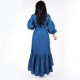 Hot Denim V-neck Lantern Sleeves Ruffled Maxi Dress - Blue image