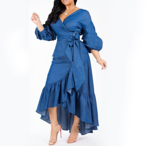 Hot Denim V-neck Lantern Sleeves Ruffled Maxi Dress - Blue image