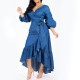 Hot Denim V-neck Lantern Sleeves Ruffled Maxi Dress - Blue image