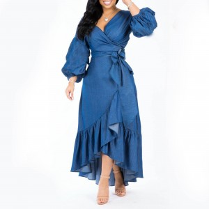 Hot Denim V-neck Lantern Sleeves Ruffled Maxi Dress - Blue