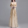 Evening Long Skirt Banquet Sequined Quarter Sleeves Party Dress - Cream