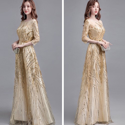 Evening Long Skirt Banquet Sequined Quarter Sleeves Party Dress - Cream image