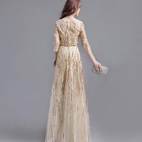 Evening Long Skirt Banquet Sequined Quarter Sleeves Party Dress - Cream image