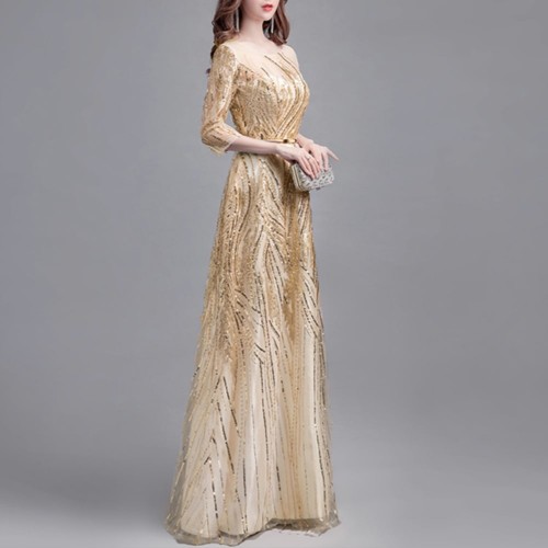Evening Long Skirt Banquet Sequined Quarter Sleeves Party Dress - Cream image