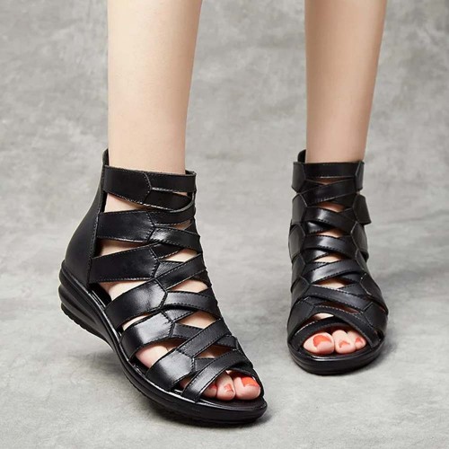 Comfortable Leather Fish-mouth Wedge Sandals Shoes - Black| image