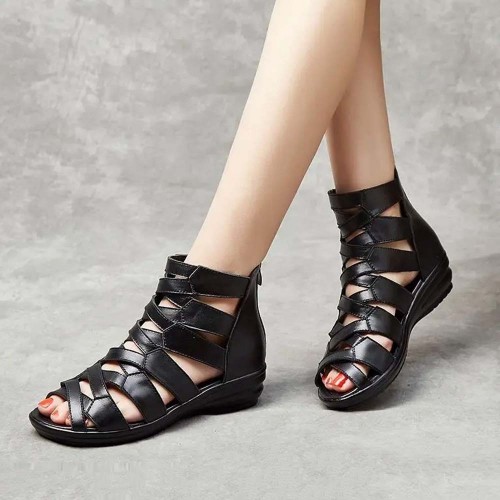 Comfortable Leather Fish-mouth Wedge Sandals Shoes - Black| image