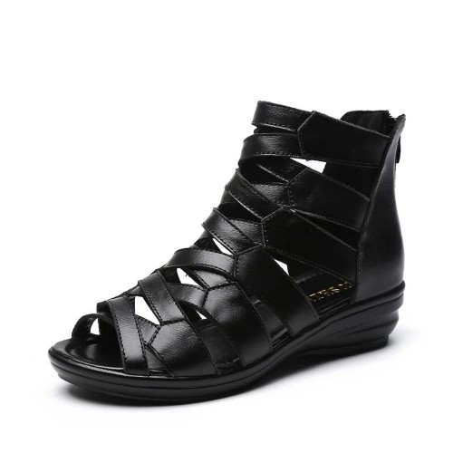 Comfortable Leather Fish-mouth Wedge Sandals Shoes - Black| image