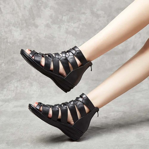 Comfortable Leather Fish-mouth Wedge Sandals Shoes - Black| image