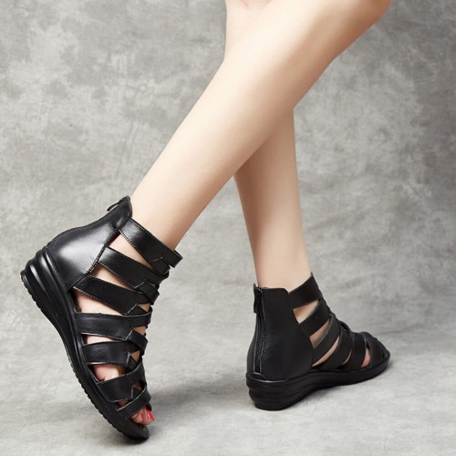 Comfortable Leather Fish-mouth Wedge Sandals Shoes - Black| image