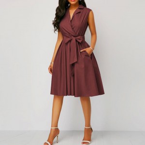 Bow Knot Sleeveless High Waist Mid-skirt Dress - Purple