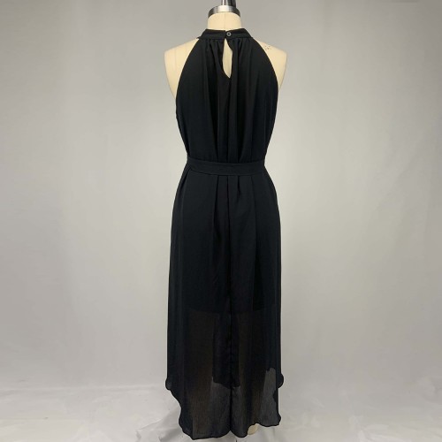 Chiffon Pleated Halter Neck Sleeveless Maxi Dress - Black image