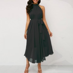 Chiffon Pleated Halter Neck Sleeveless Maxi Dress - Black