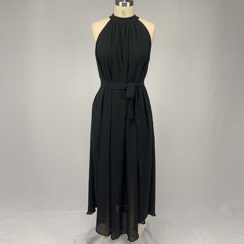 Chiffon Pleated Halter Neck Sleeveless Maxi Dress - Black image