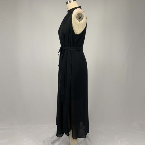 Chiffon Pleated Halter Neck Sleeveless Maxi Dress - Black image