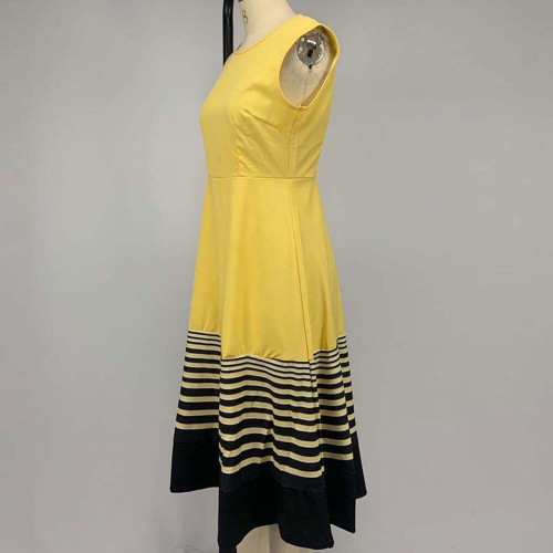 Ruffle Overlay Stripped Borders Printed Sleeveless Midi Dress - Yellow image