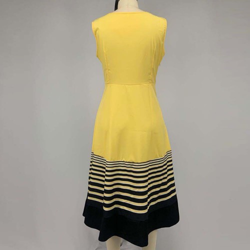 Ruffle Overlay Stripped Borders Printed Sleeveless Midi Dress - Yellow image