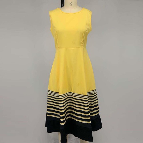 Ruffle Overlay Stripped Borders Printed Sleeveless Midi Dress - Yellow image