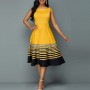 Ruffle Overlay Stripped Borders Printed Sleeveless Midi Dress - Yellow