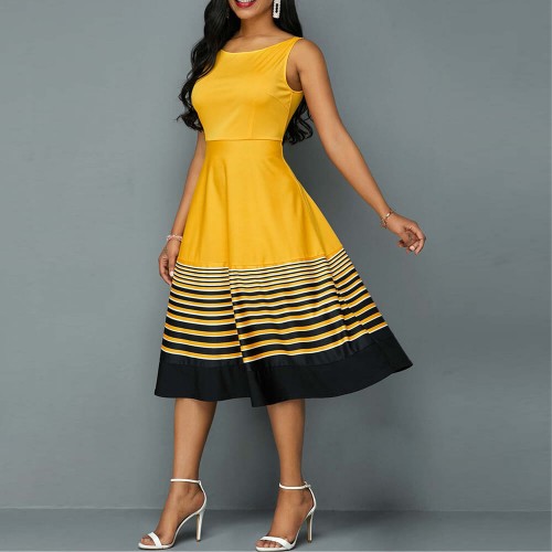 Ruffle Overlay Stripped Borders Printed Sleeveless Midi Dress - Yellow image