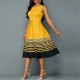 Ruffle Overlay Stripped Borders Printed Sleeveless Midi Dress - Yellow image